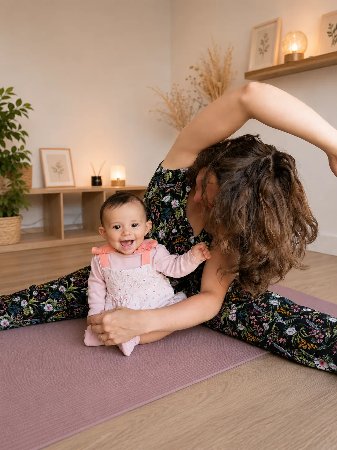 Maman en étirement latéral, bébé assis sur le tapis