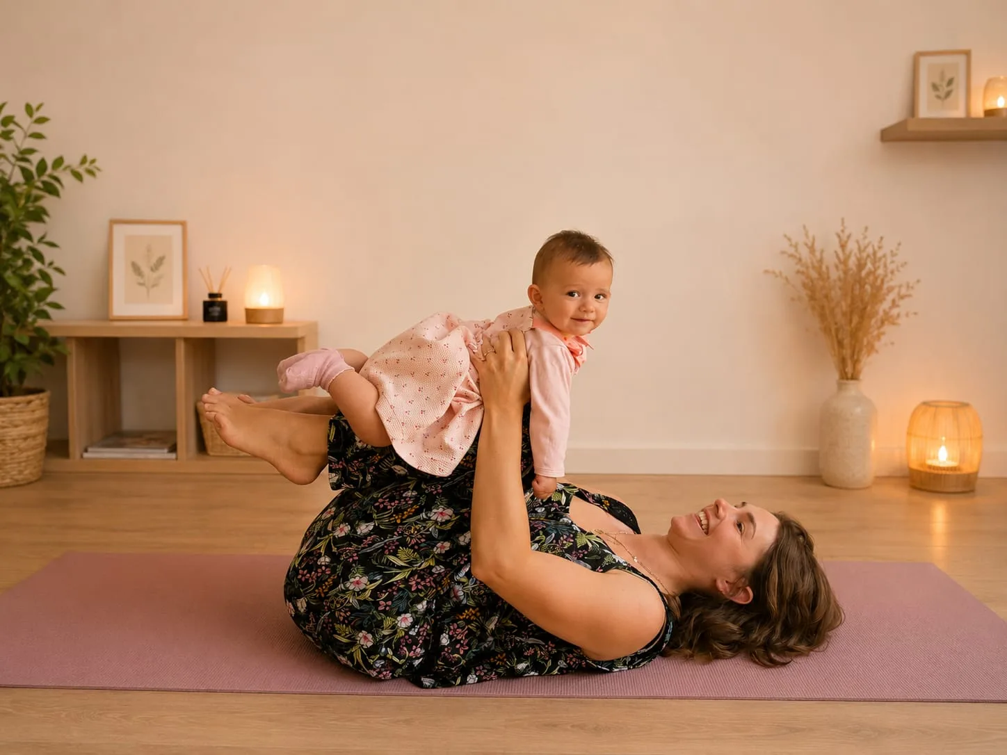 Maman allongée sur le tapis, son bébé soulevé au-dessus d’elle