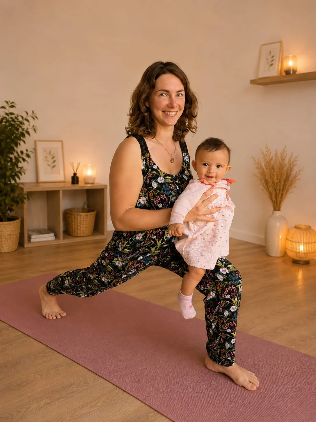 Maman en fente avant, son bébé dans les bras