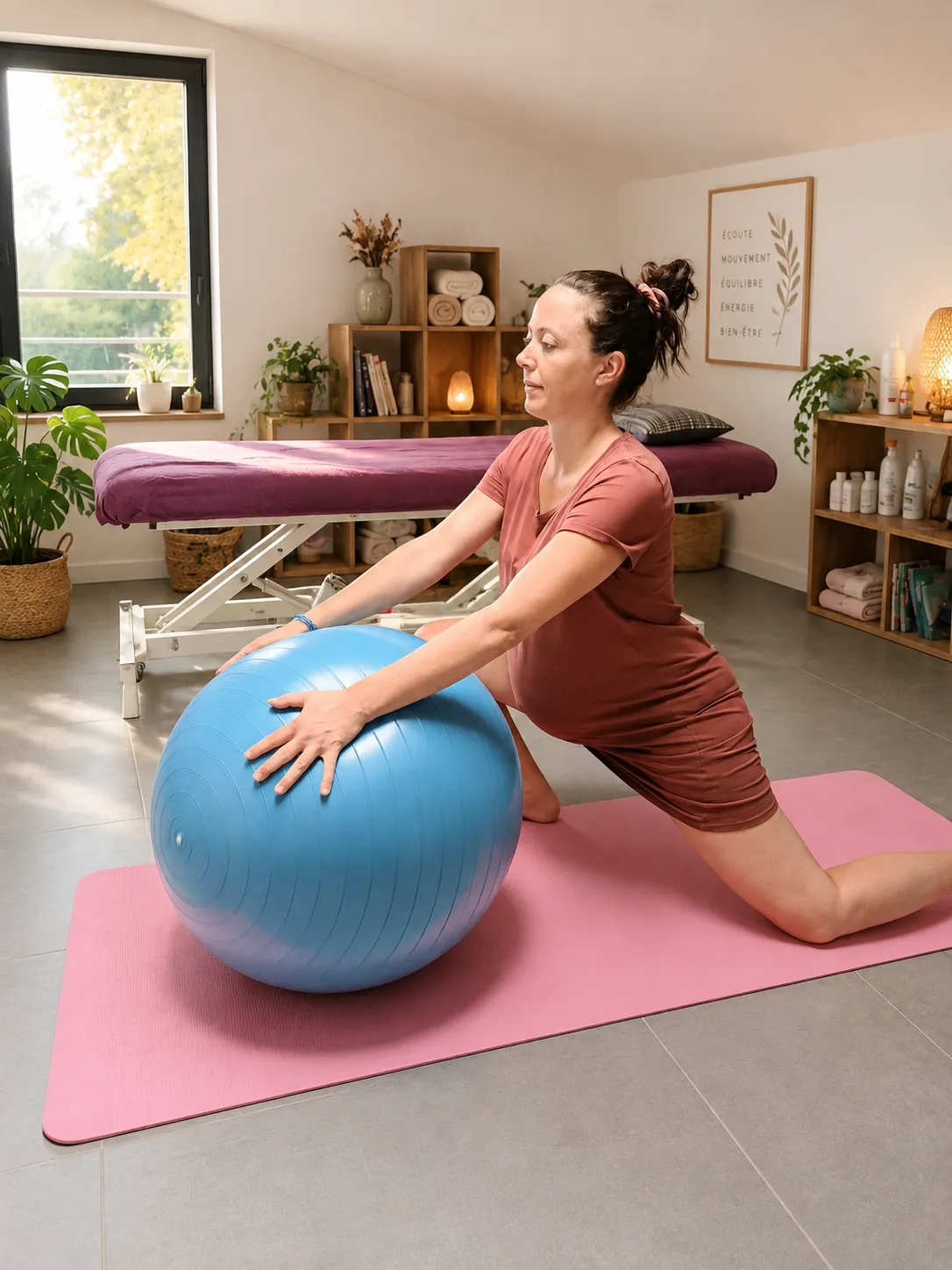 Femme enceinte à genoux sur le tapis, les mains posées sur un ballon