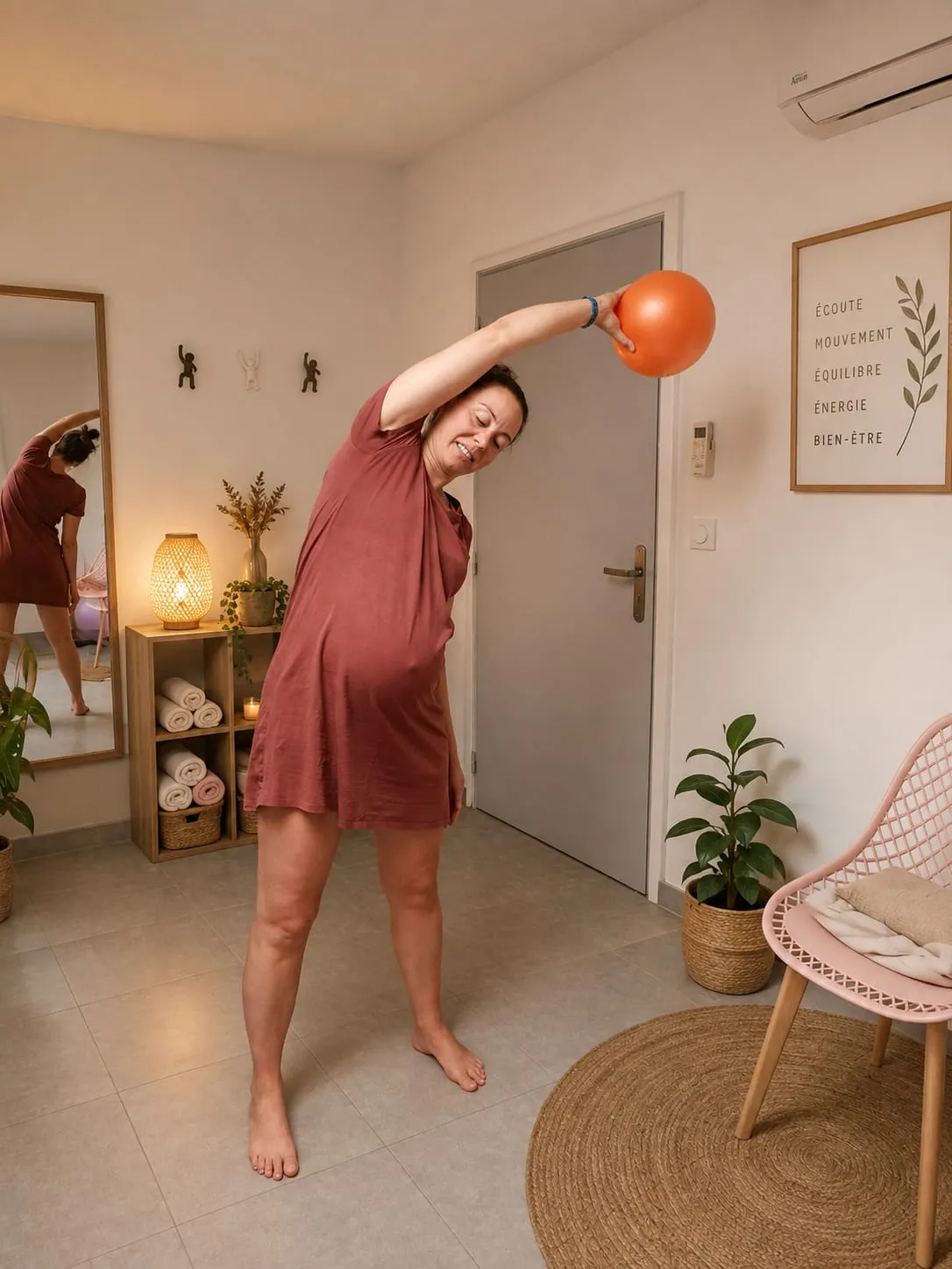 Femme enceinte en étirement latéral, un petit ballon tenu à bout de bras